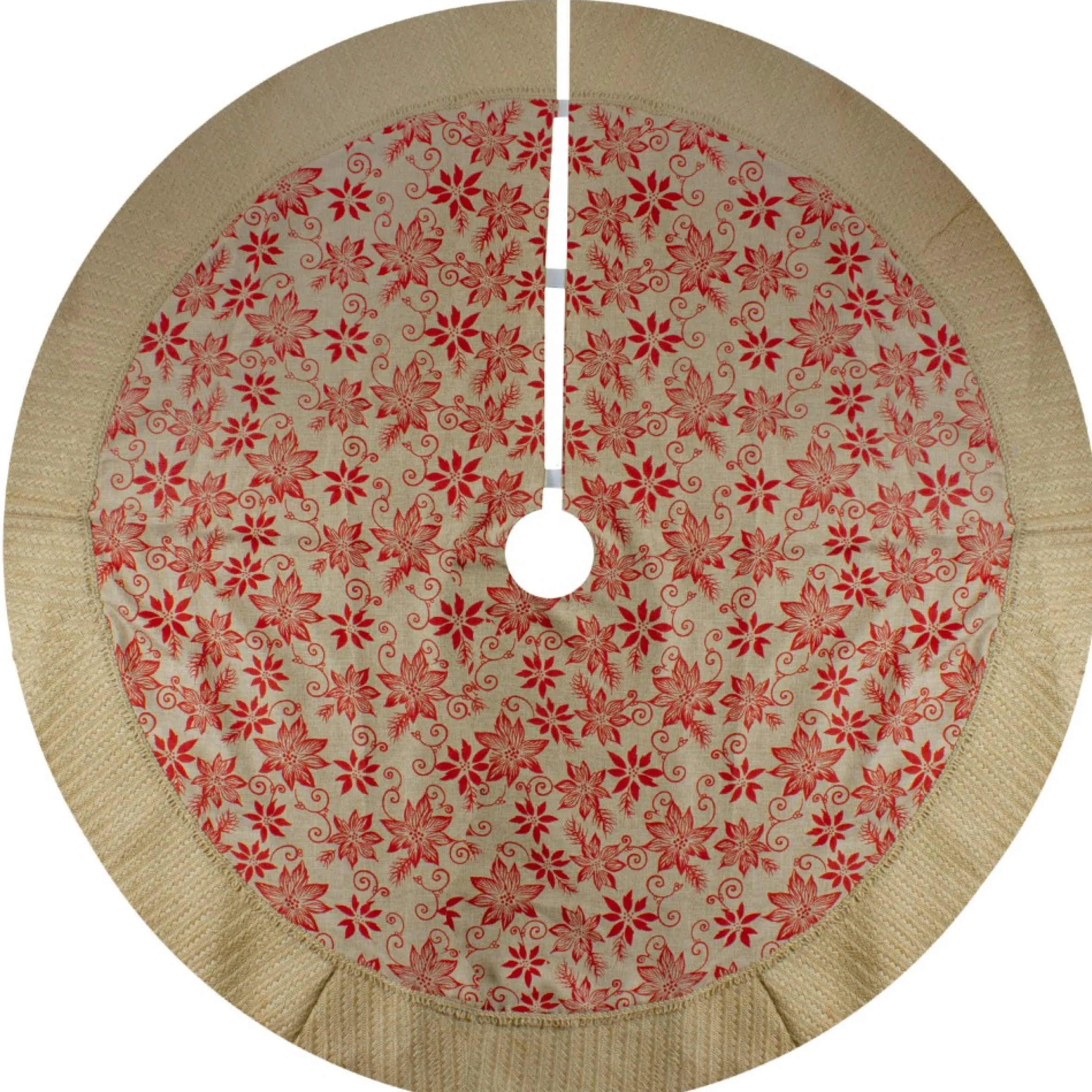 48" Tan And Red Rustic Burlap Poinsettia Christmas Tree Skirt