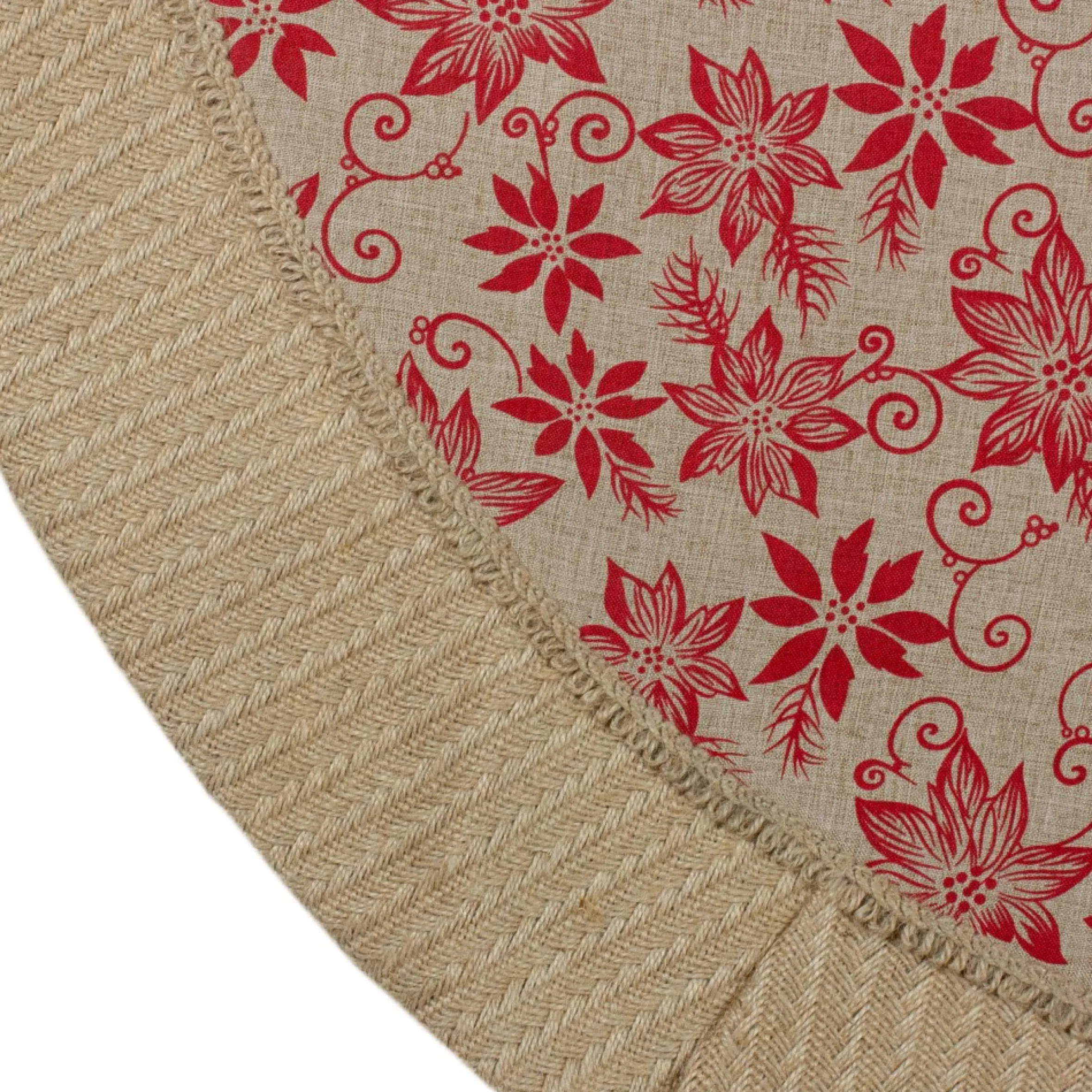 48" Tan And Red Rustic Burlap Poinsettia Christmas Tree Skirt