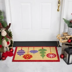 Tan Brown And Red Christmas Ornaments Coir Outdoor Doormat 18" X 30"