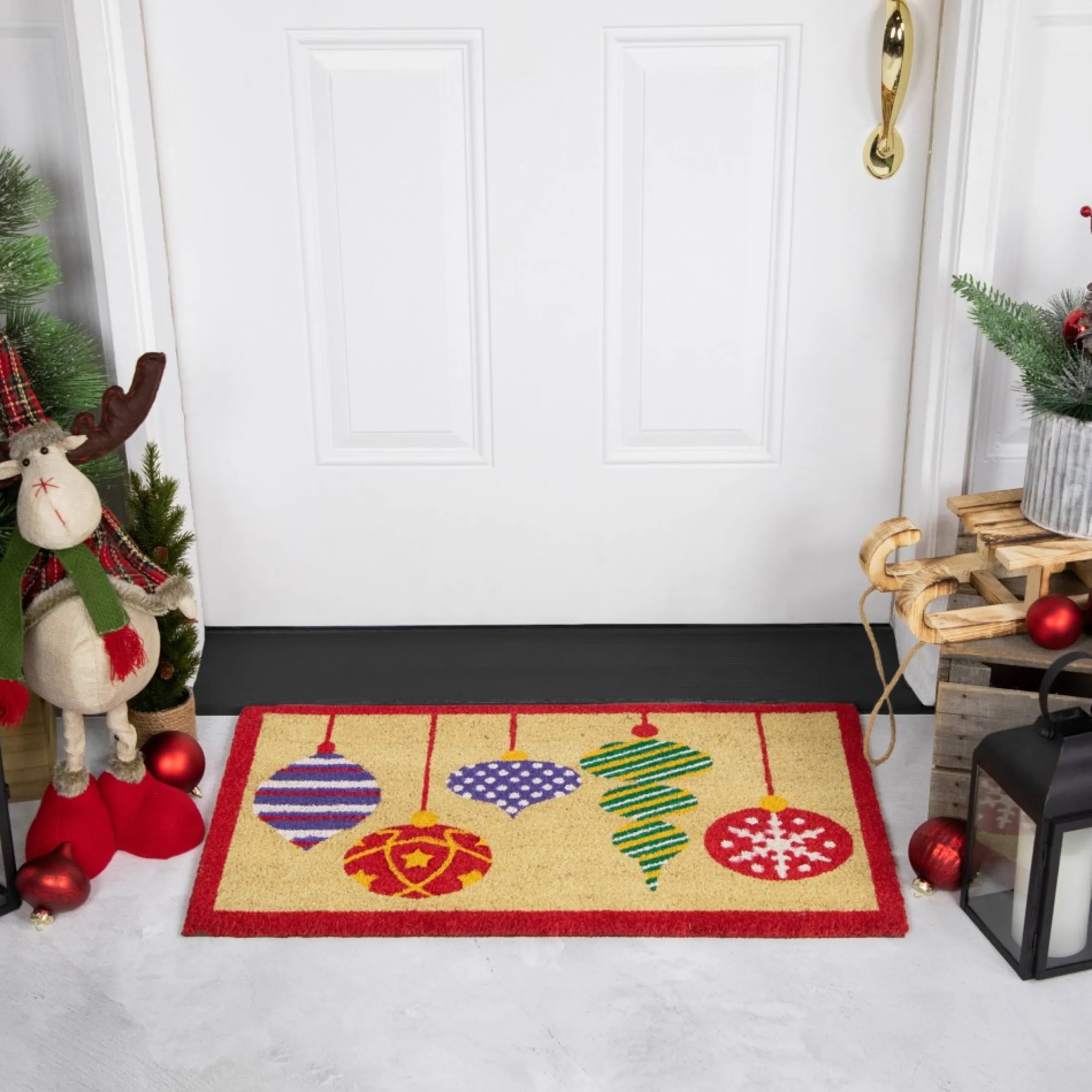 Tan Brown And Red Christmas Ornaments Coir Outdoor Doormat 18" X 30"