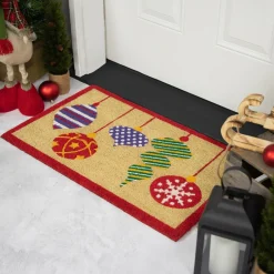 Tan Brown And Red Christmas Ornaments Coir Outdoor Doormat 18