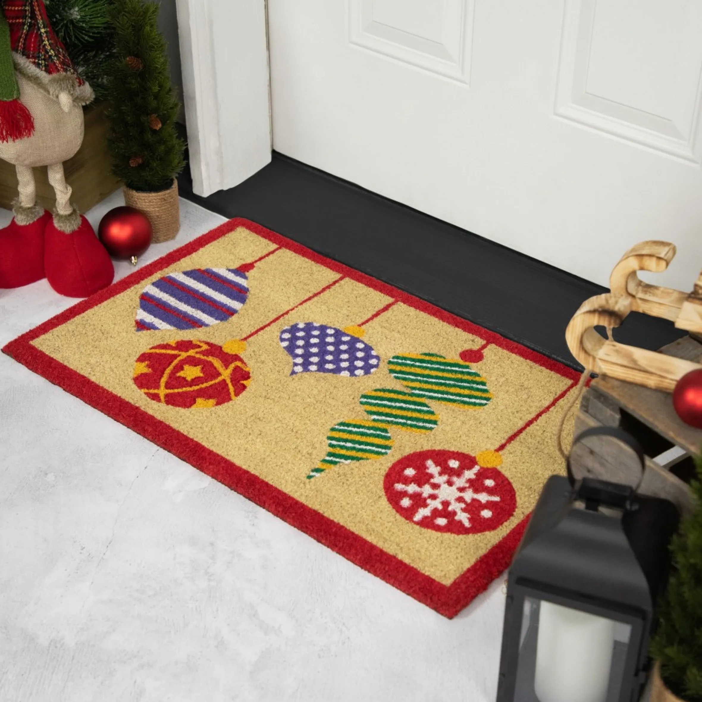 Tan Brown And Red Christmas Ornaments Coir Outdoor Doormat 18" X 30"