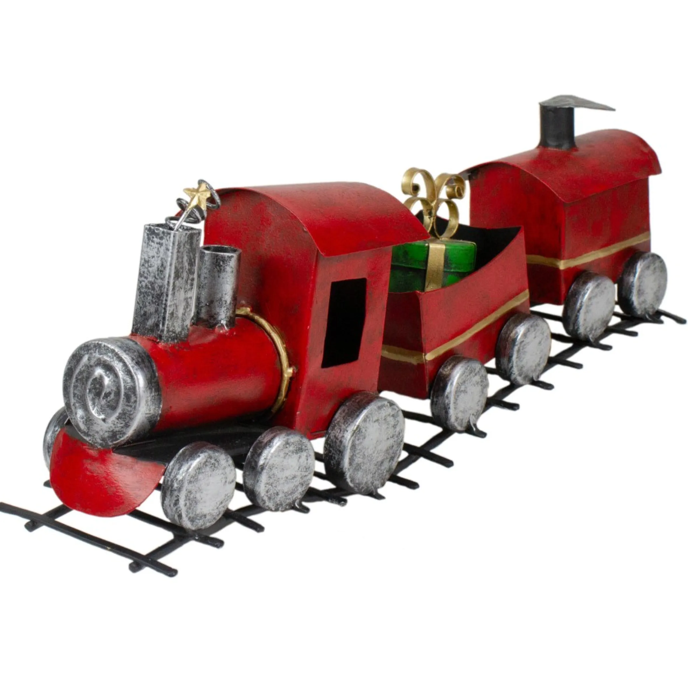 15" Three Car Red And Silver Metal Train Christmas Decoration