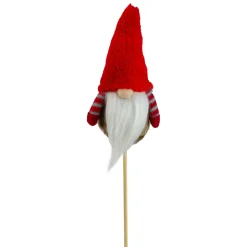 11.5" Tiny Gray Faux Fur Santa Gnome With Red Hat And Striped Arms On A Stick Christmas Decoration