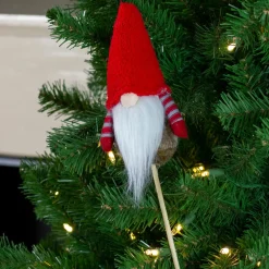11.5" Tiny Gray Faux Fur Santa Gnome With Red Hat And Striped Arms On A Stick Christmas Decoration