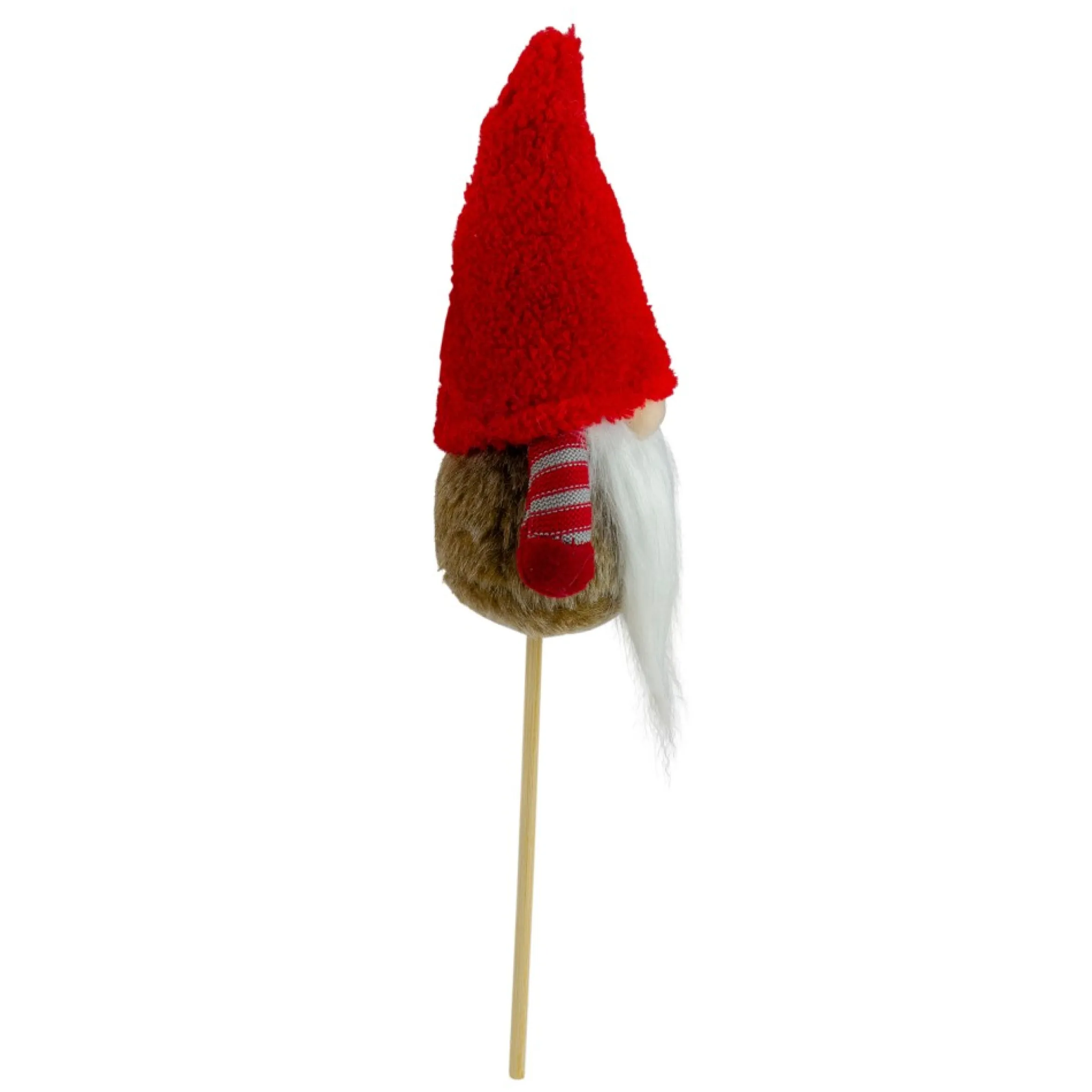 11.5" Tiny Gray Faux Fur Santa Gnome With Red Hat And Striped Arms On A Stick Christmas Decoration