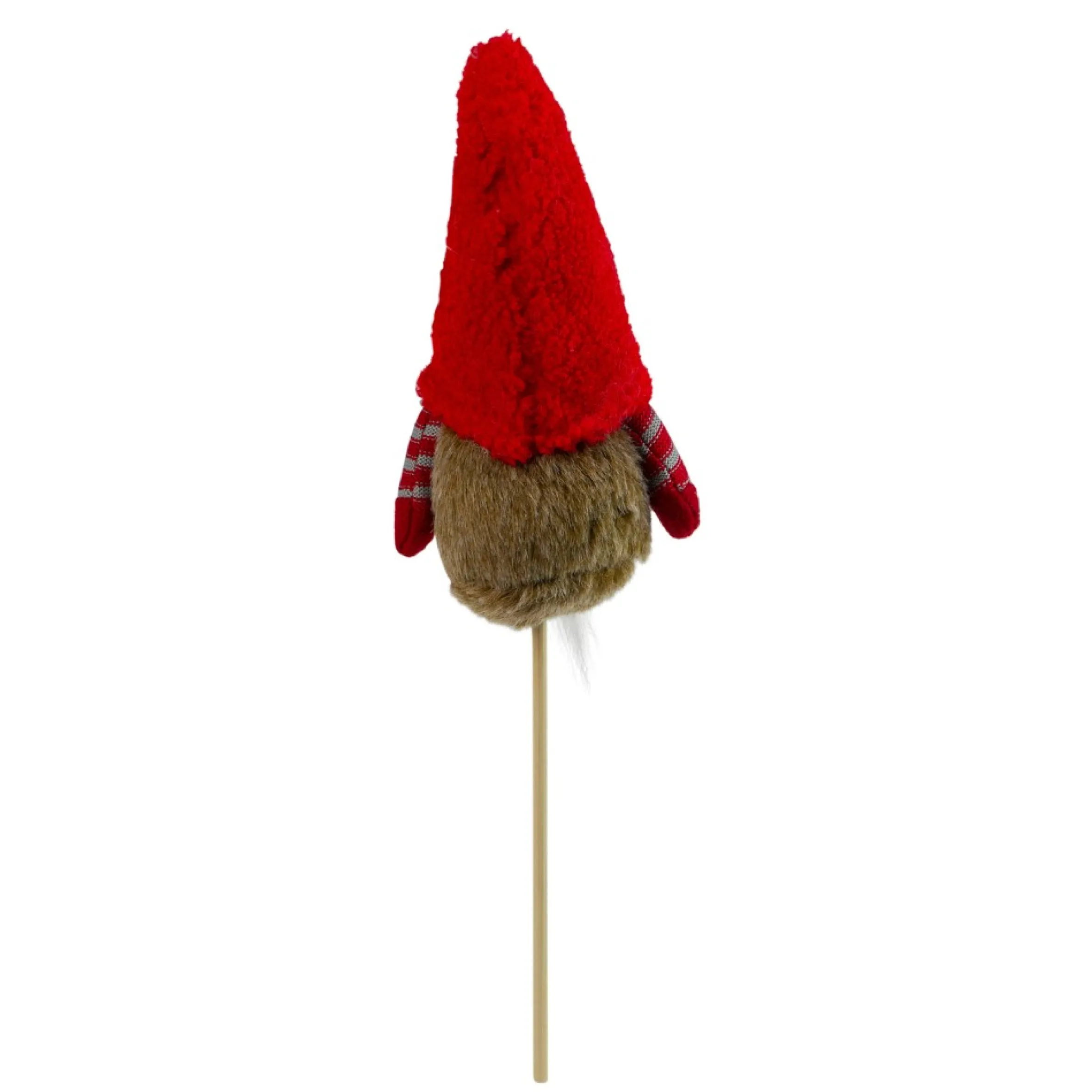 11.5" Tiny Gray Faux Fur Santa Gnome With Red Hat And Striped Arms On A Stick Christmas Decoration