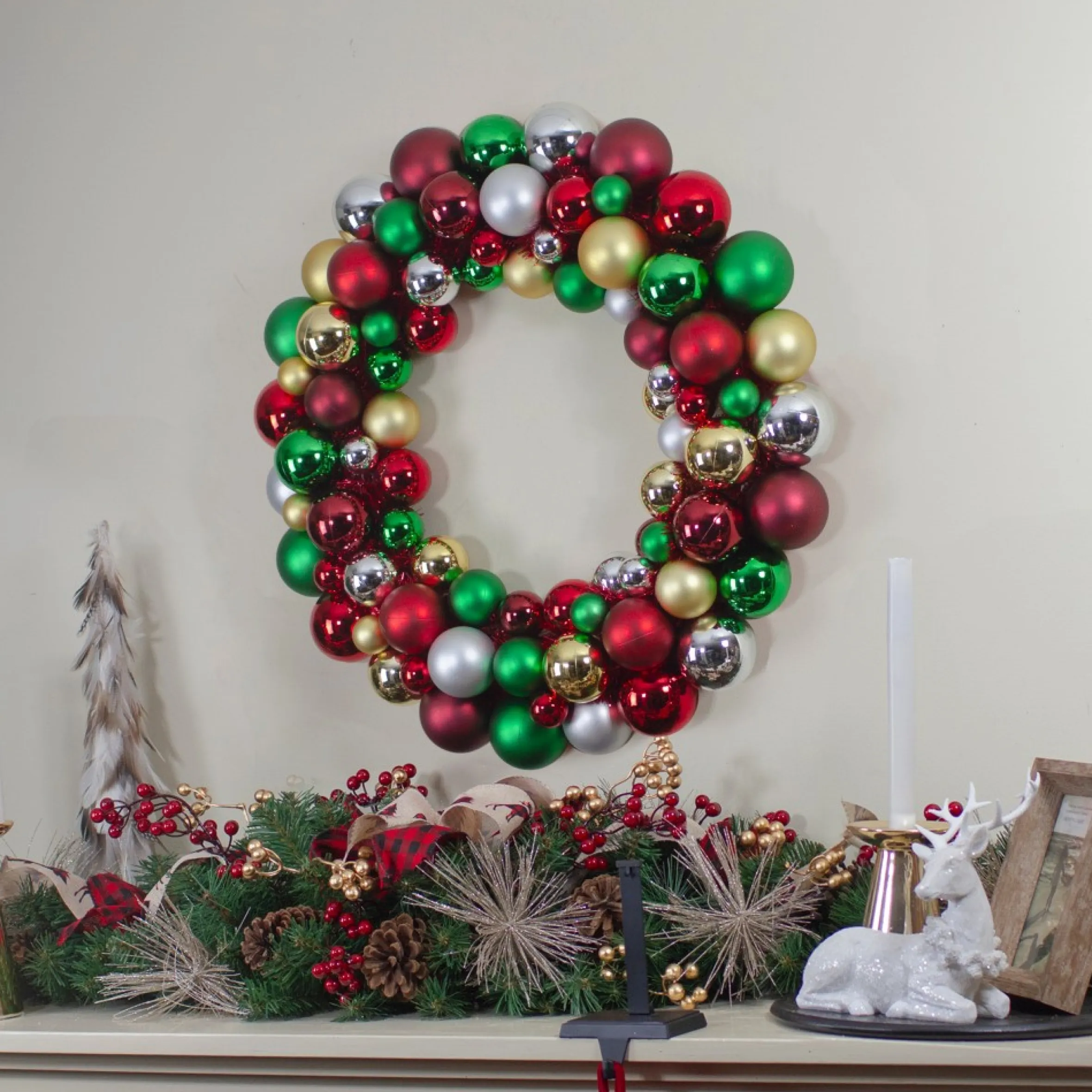 Traditional Colors 2-Finish Shatterproof Ball Christmas Wreath, 36-Inch