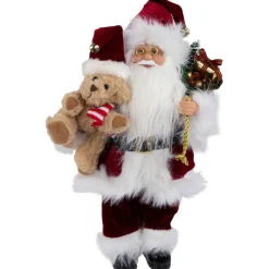 12" Traditional Santa Claus Christmas Figure With Teddy Bear And Gift Bag