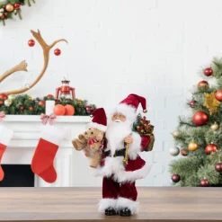 12" Traditional Santa Claus Christmas Figure With Teddy Bear And Gift Bag