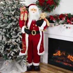 60" Traditional Santa Claus With Teddy Bear And Gift Bag Standing Christmas Figure