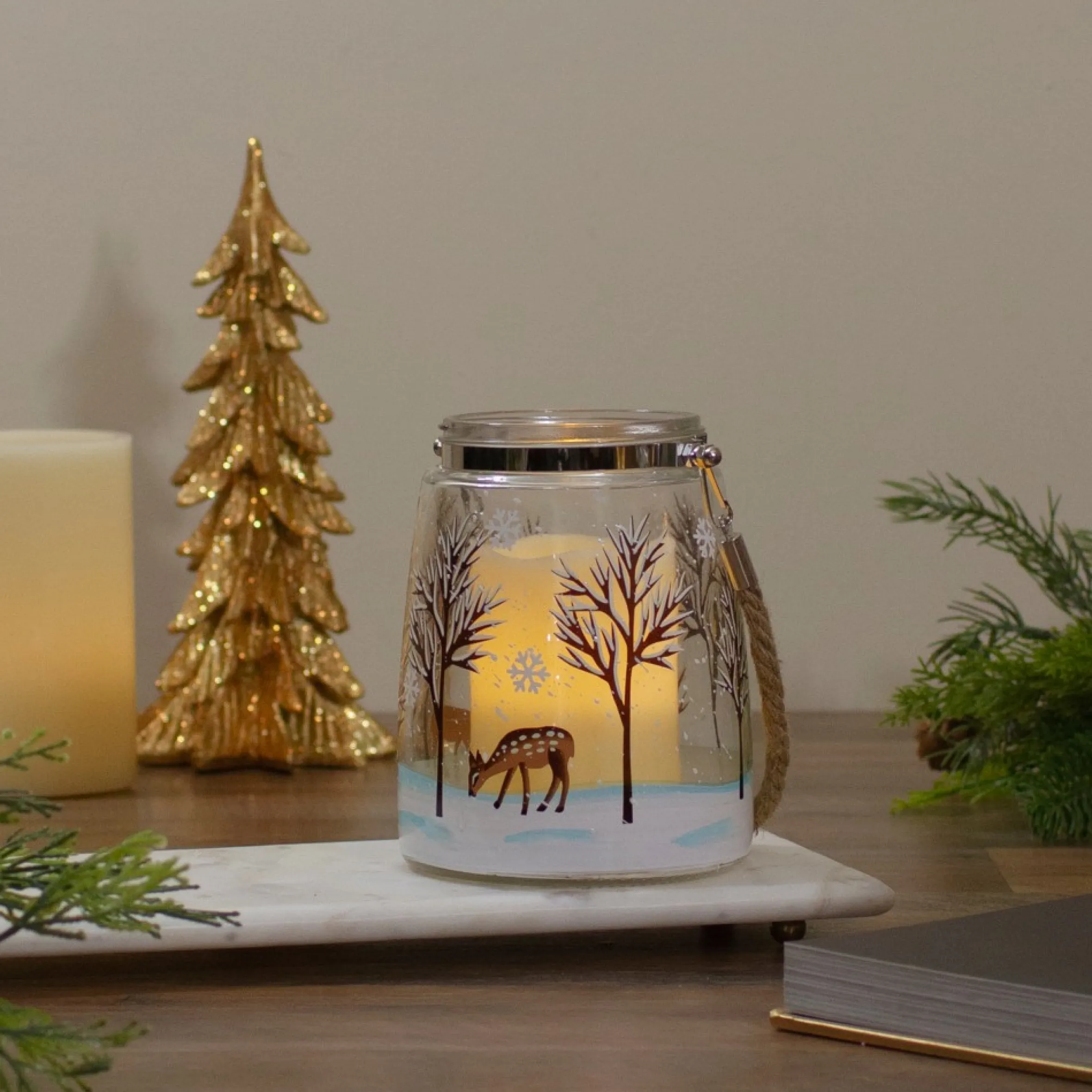 6.25" Trees And Fawns Flameless Glass Candle Lantern