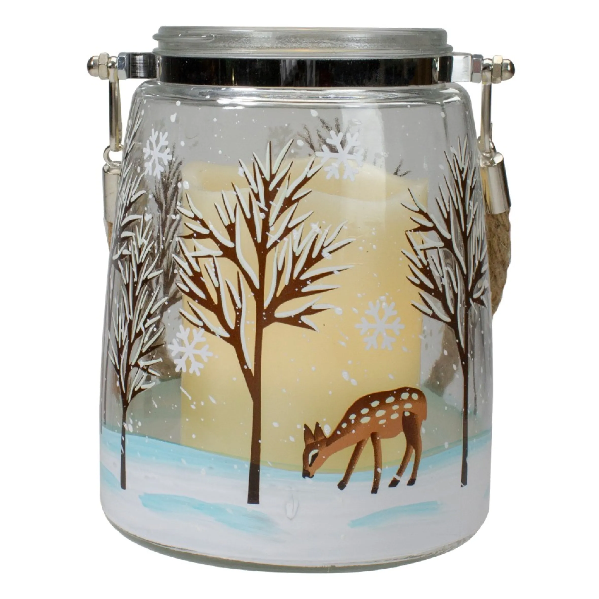 6.25" Trees And Fawns Flameless Glass Candle Lantern