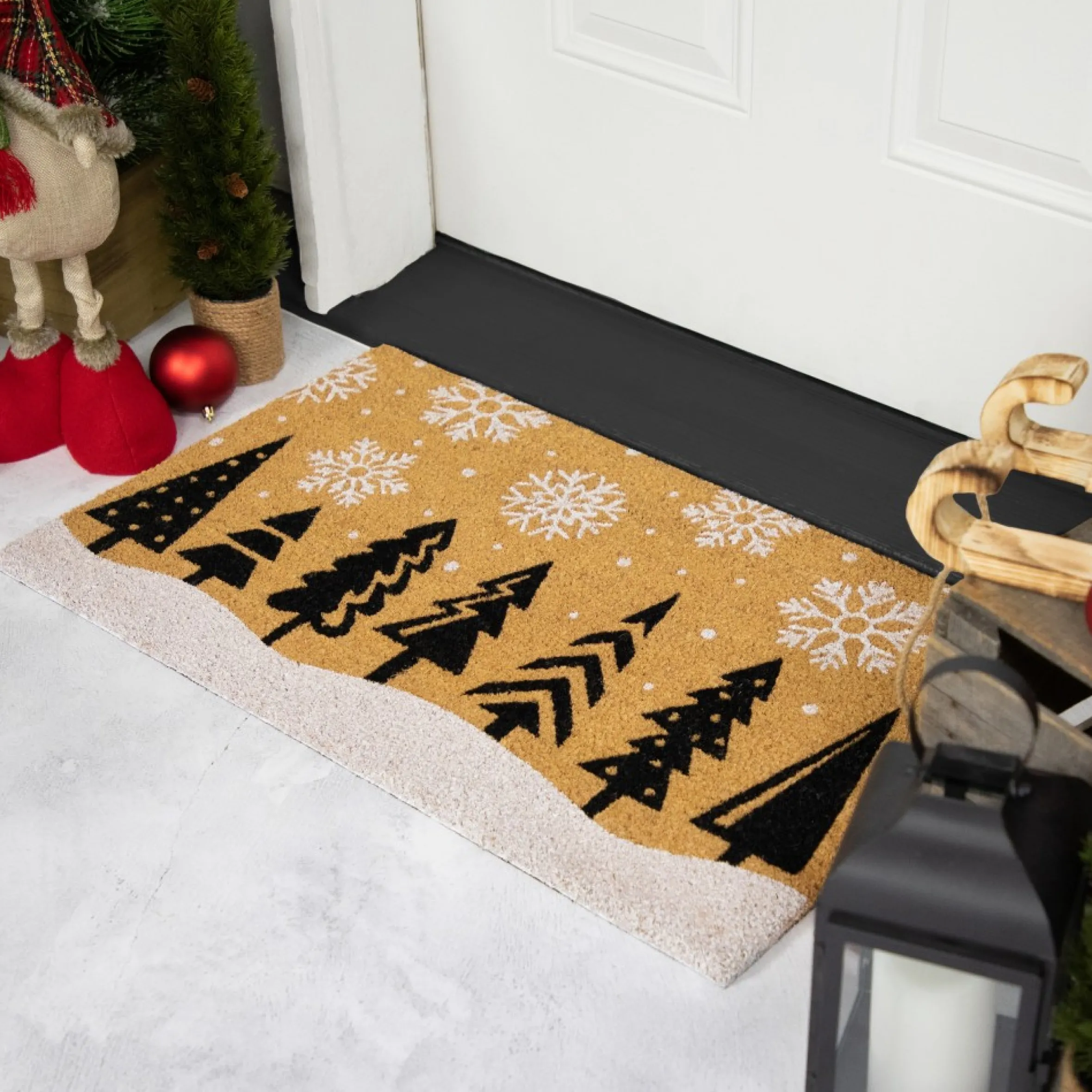 Trees And Snowflakes Natural Coir Christmas Outdoor Doormat 18" X 30"