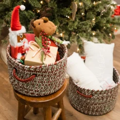 12" Tweed Braided Round Holiday Basket With Handles