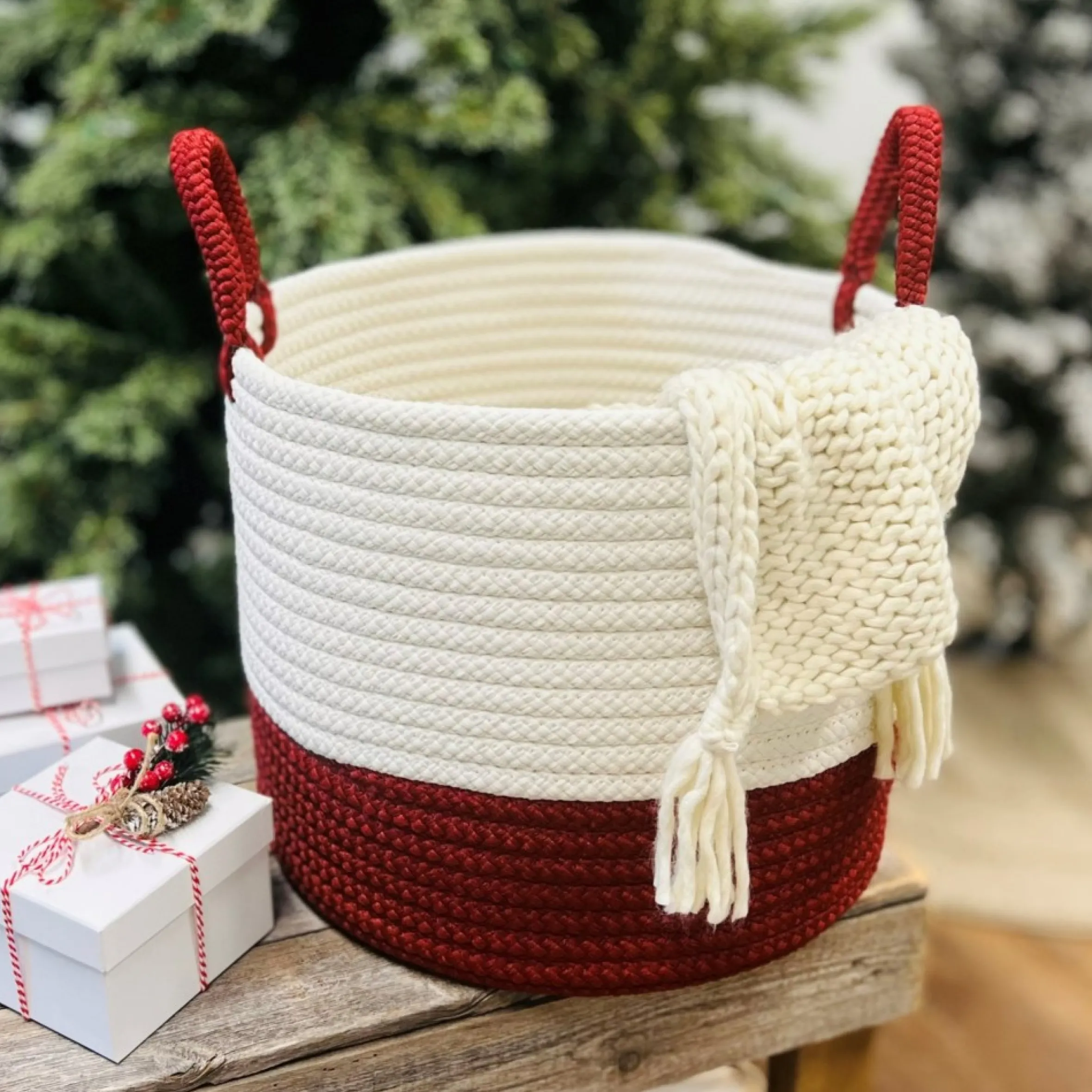 16" Two-Toned Round Braided Holiday Floor Basket