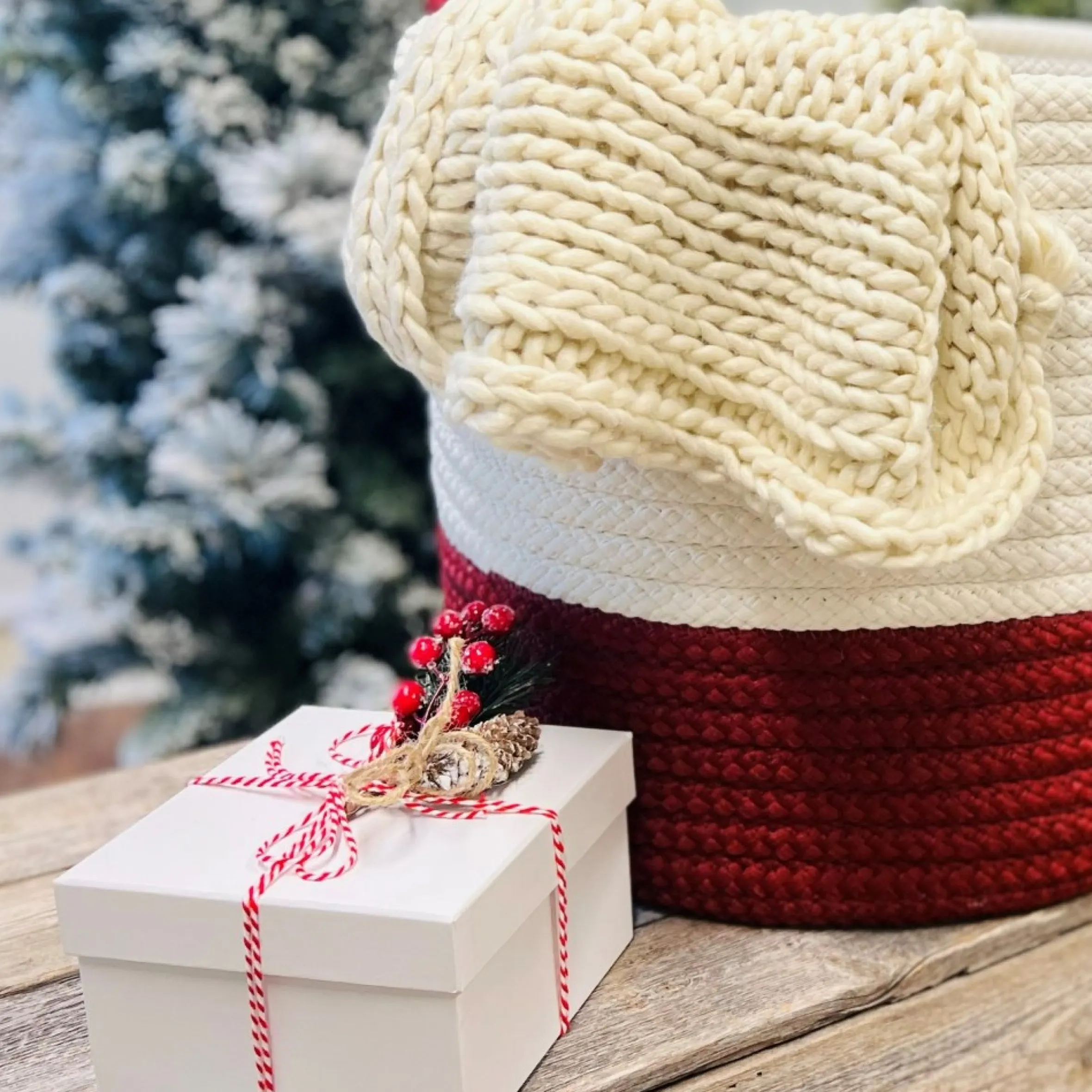 16" Two-Toned Round Braided Holiday Floor Basket