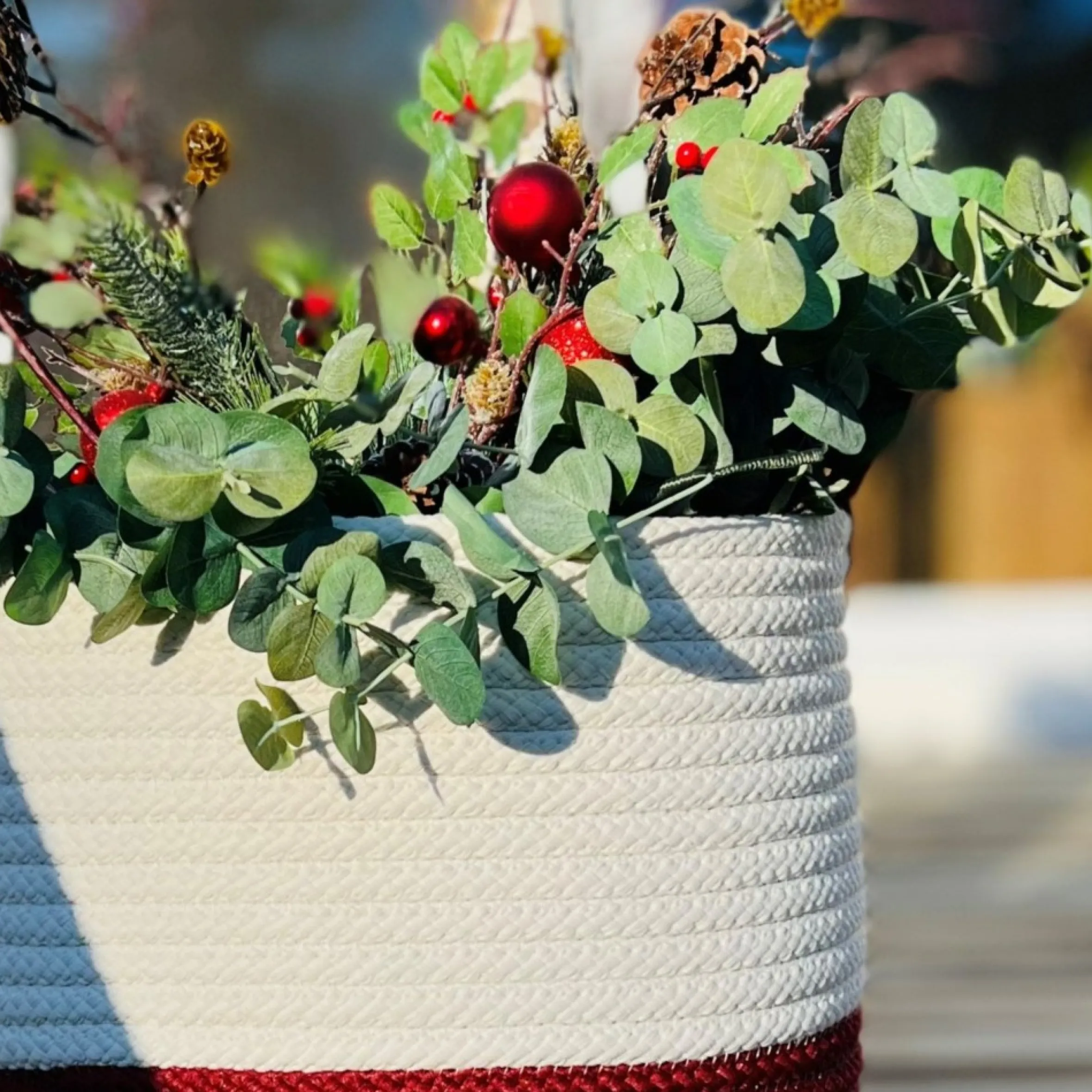 16" Two-Toned Round Braided Holiday Floor Basket