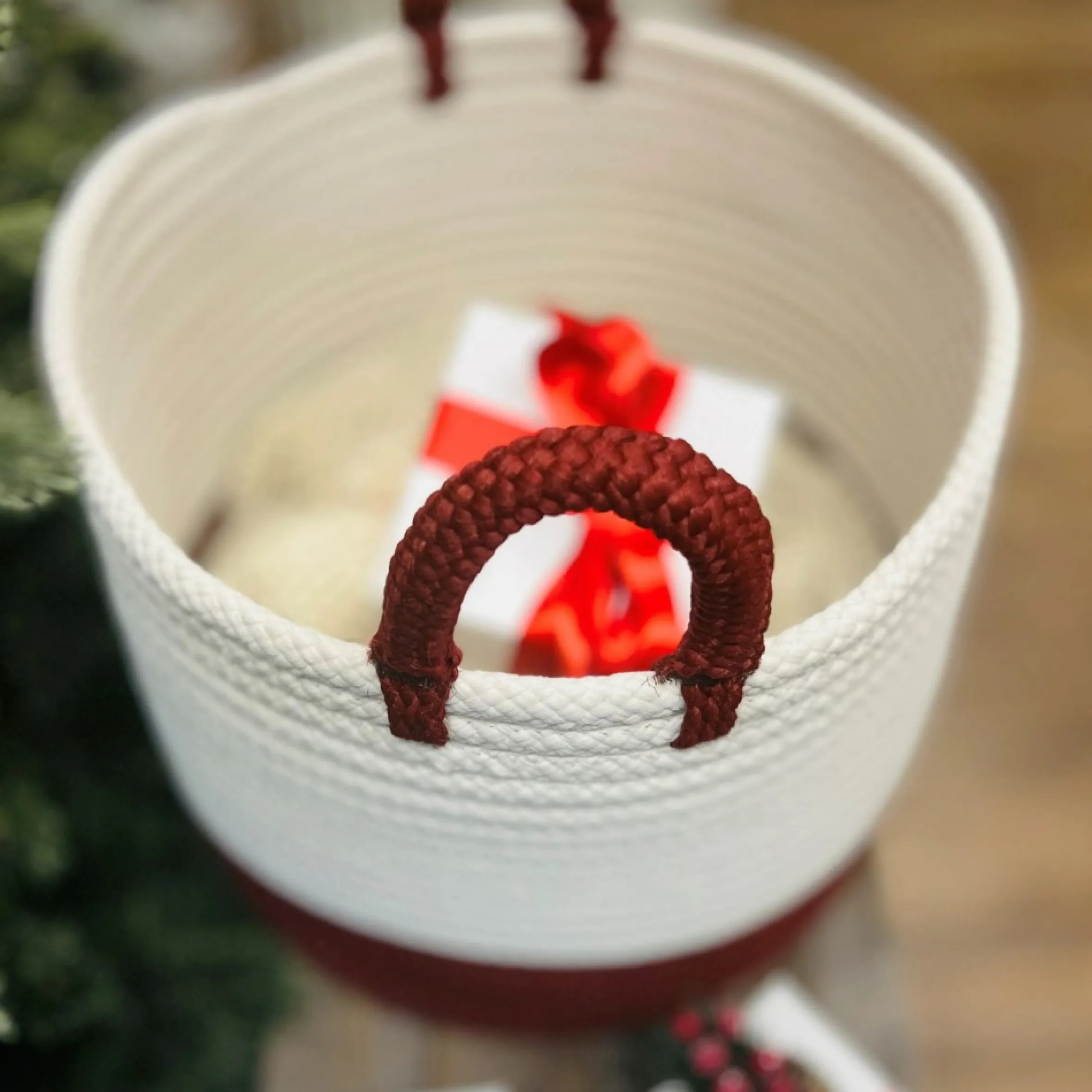 16" Two-Toned Round Braided Holiday Floor Basket