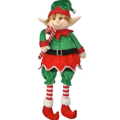 24" Velvet Sitting Gingerbread Elf With Candy Cane Christmas Figure