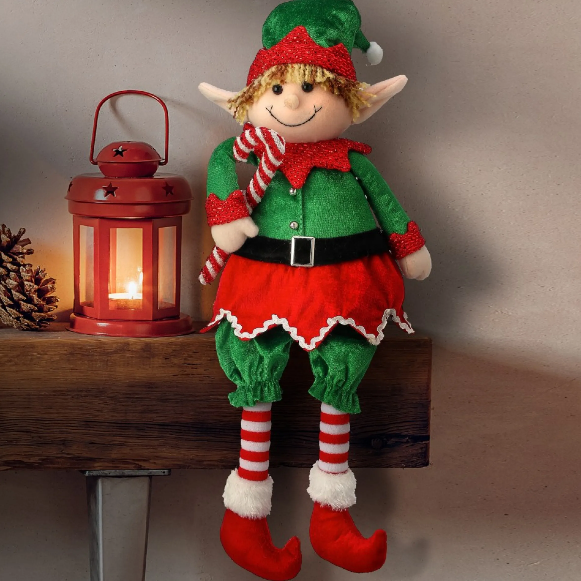 24" Velvet Sitting Gingerbread Elf With Candy Cane Christmas Figure