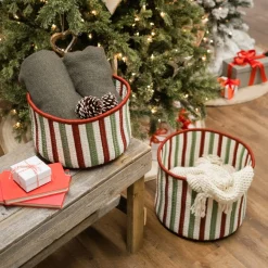 14" Vertical Striped Braided Round Christmas Storage Basket