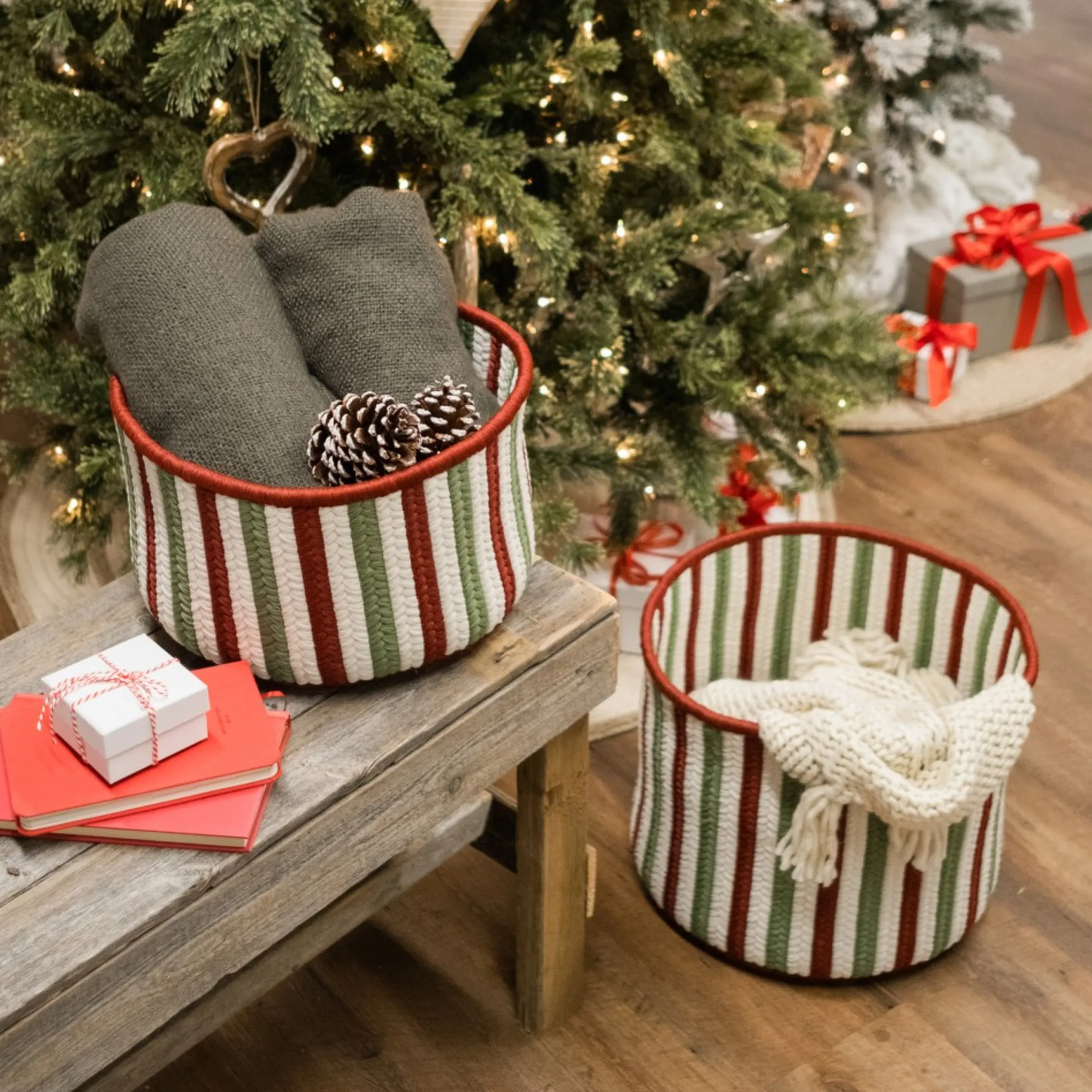 14" Vertical Striped Braided Round Christmas Storage Basket