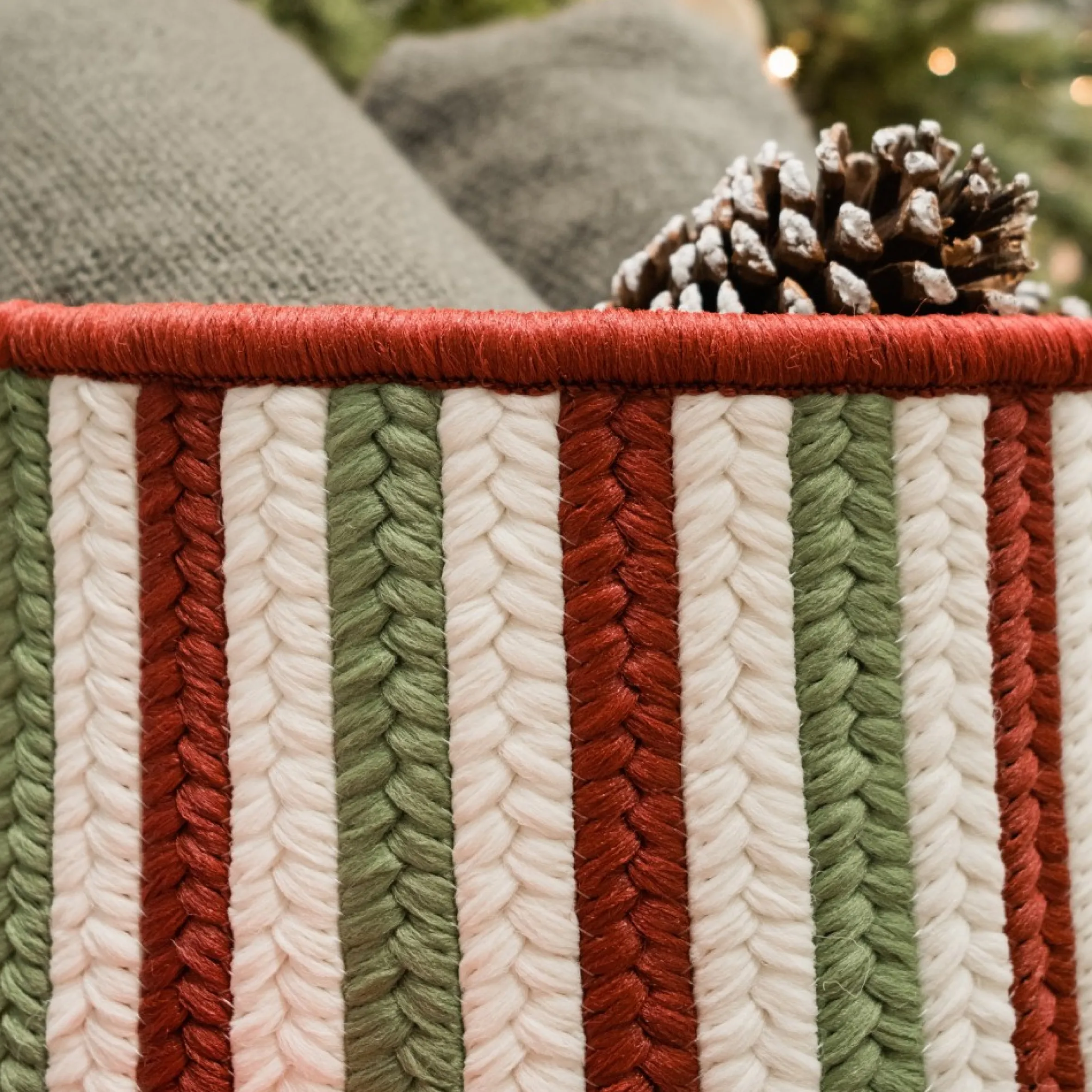 14" Vertical Striped Braided Round Christmas Storage Basket