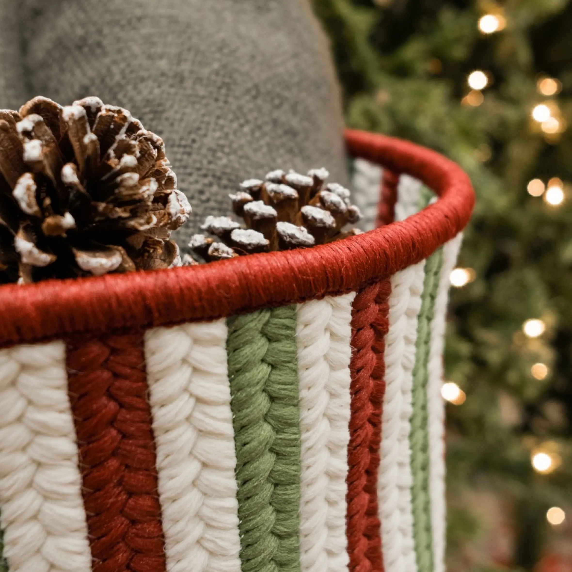 14" Vertical Striped Braided Round Christmas Storage Basket