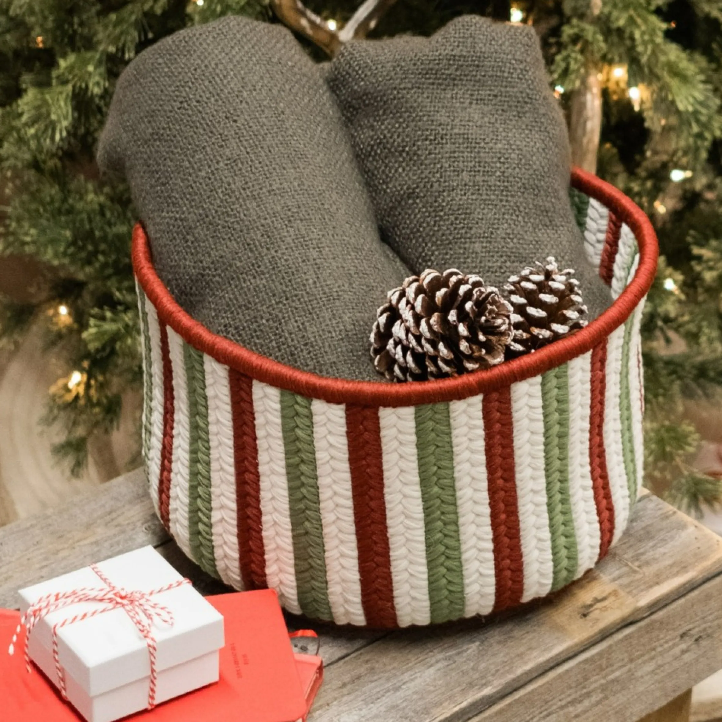 14" Vertical Striped Braided Round Christmas Storage Basket