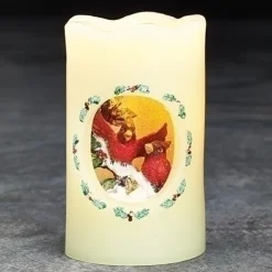 5" Vibrantly Colored Cardinals Scene Flickering Flame-Less Led Candle