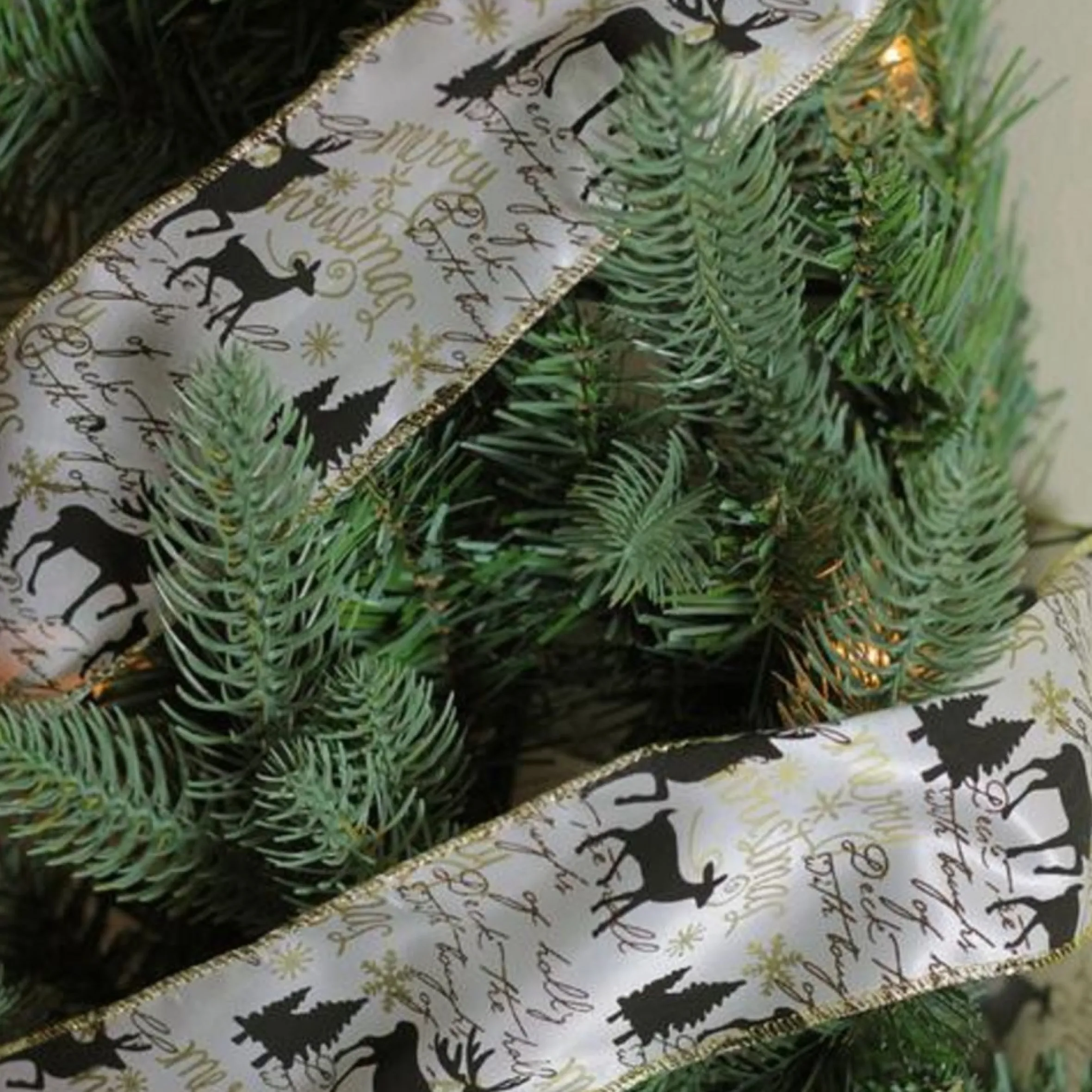 White And Black Playful Reindeer Christmas Wired Craft Ribbon 2.5" X 10 Yards