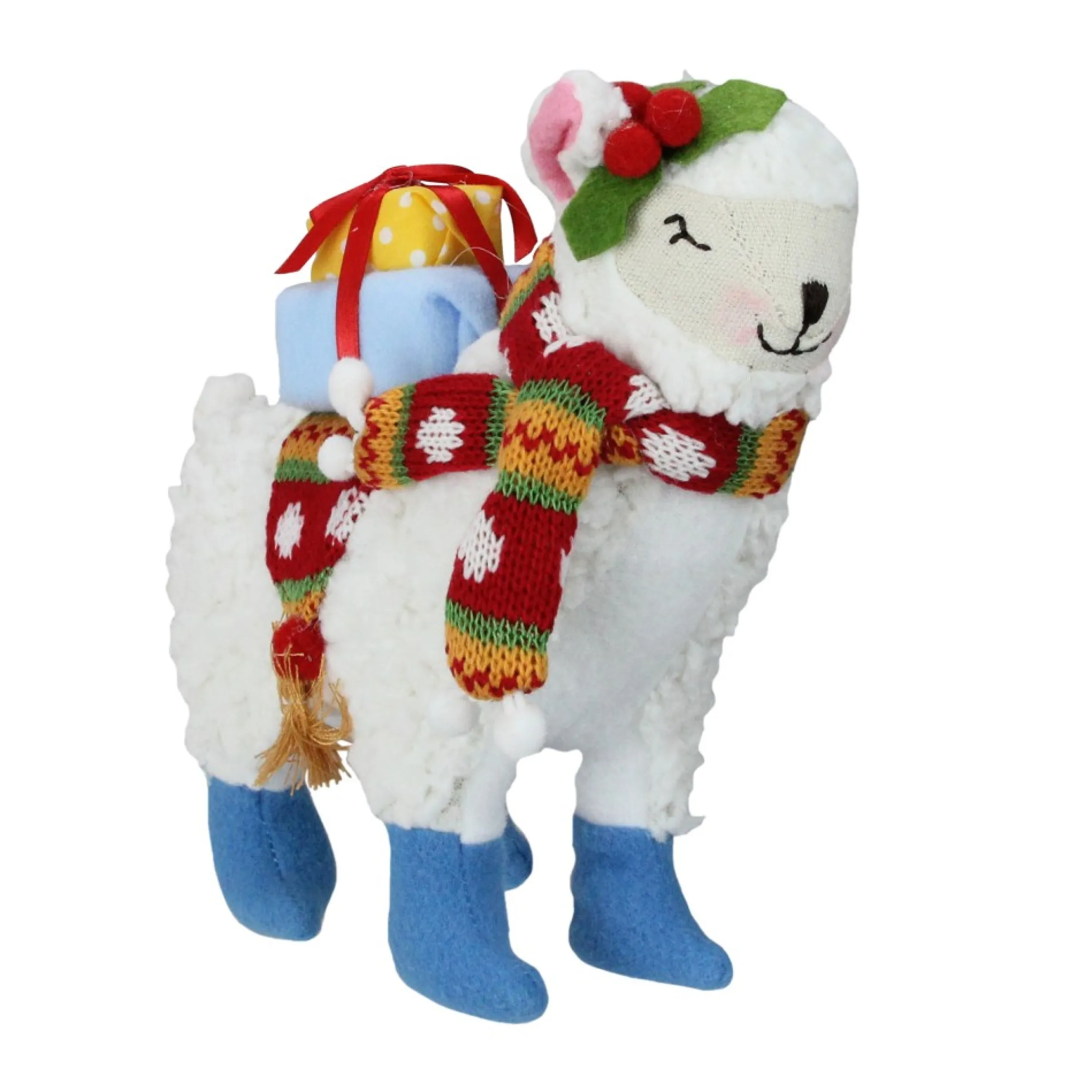 8.5" White And Blue Plush Llama With Holly Plant Christmas Tabletop Figure