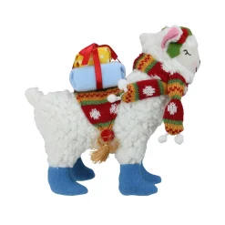 8.5" White And Blue Plush Llama With Holly Plant Christmas Tabletop Figure