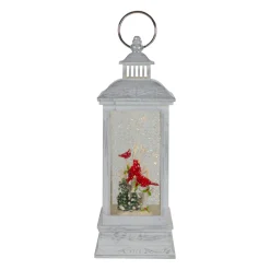 11" White And Brushed Silver Christmas Cardinals Snow Globe Lantern
