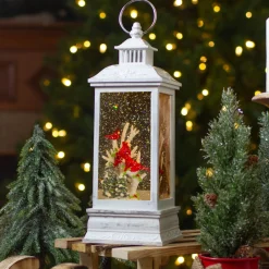 11" White And Brushed Silver Christmas Cardinals Snow Globe Lantern