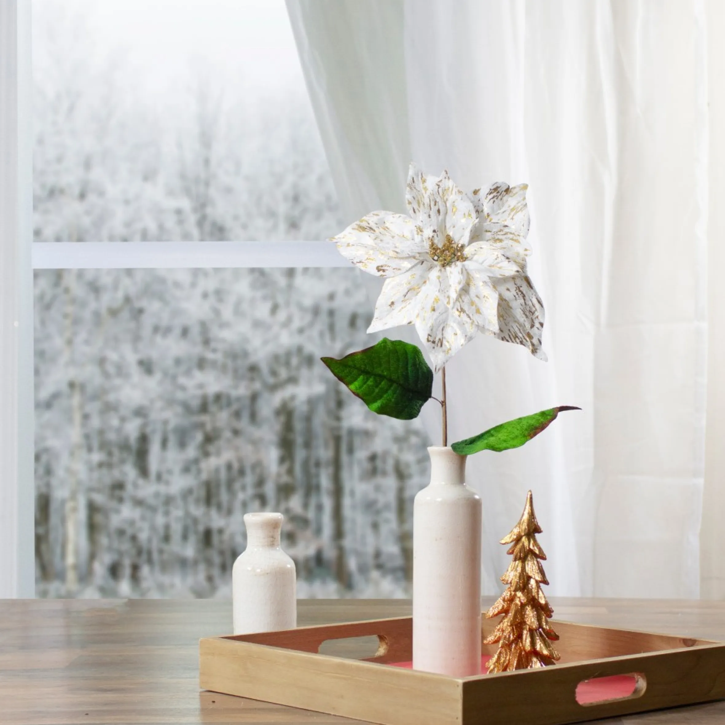 24" White And Gold Artificial Christmas Poinsettia Flower