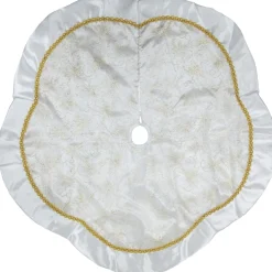 48" White And Gold Glitter Poinsettia Scalloped Christmas Tree Skirt