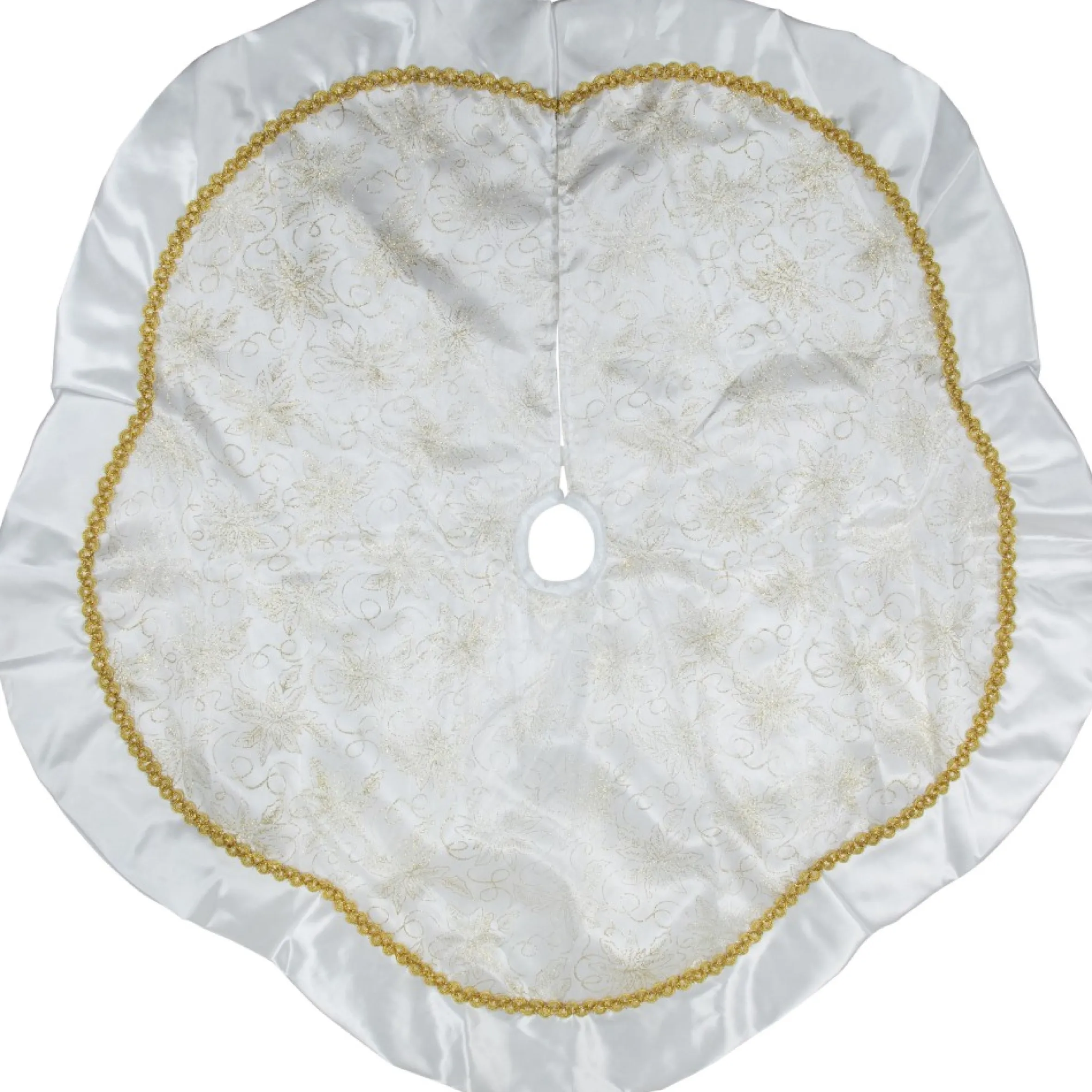 48" White And Gold Glitter Poinsettia Scalloped Christmas Tree Skirt