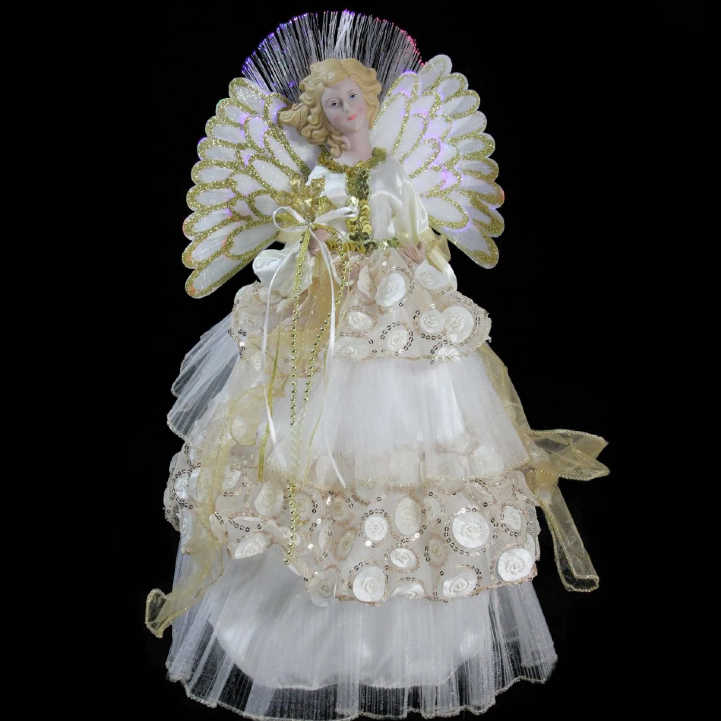16" White And Gold Lighted Angel Sequined Gown Christmas Tree Topper
