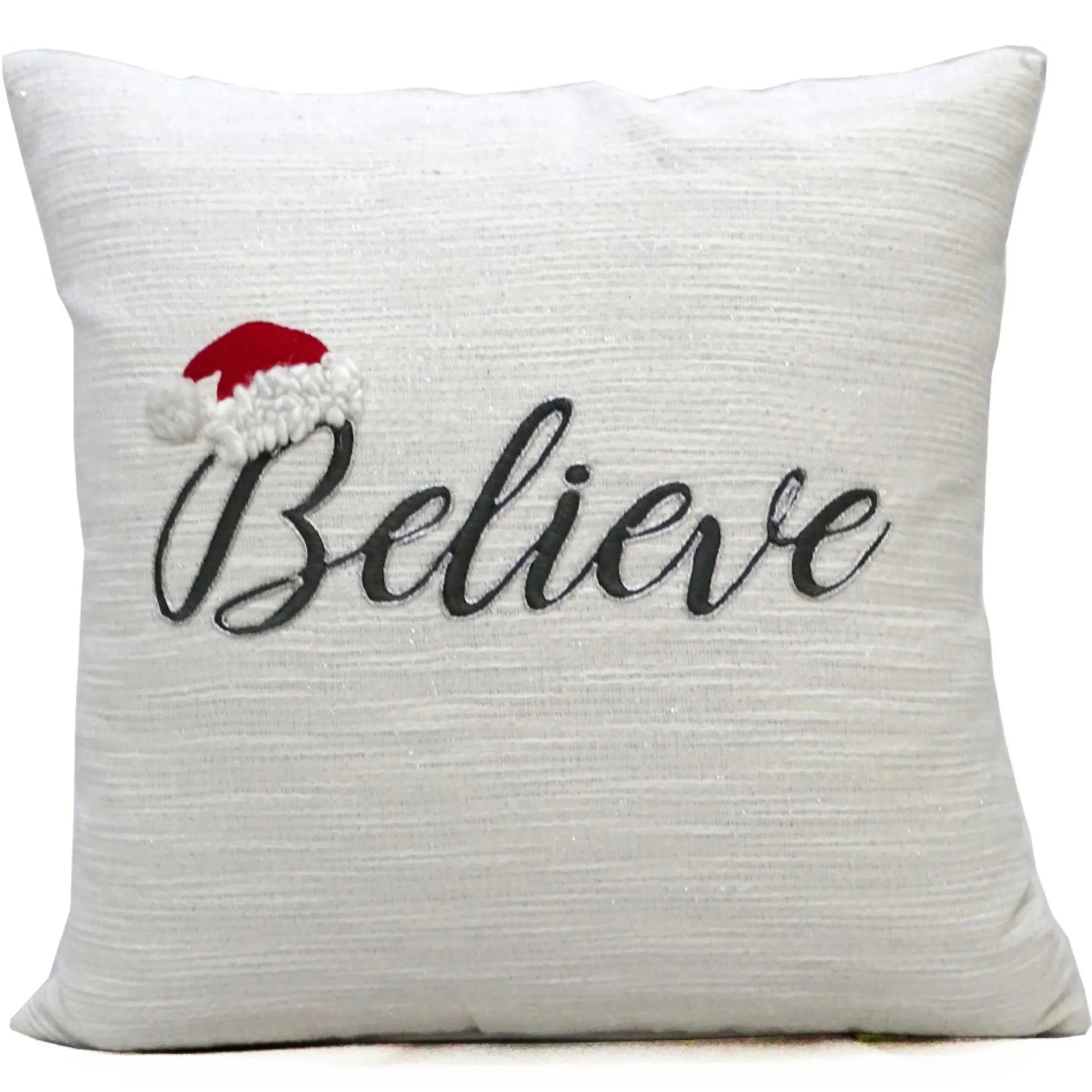 20" White And Gray Christmas "Believe" Throw Pillow With Santa Hat