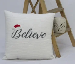 20" White And Gray Christmas "Believe" Throw Pillow With Santa Hat