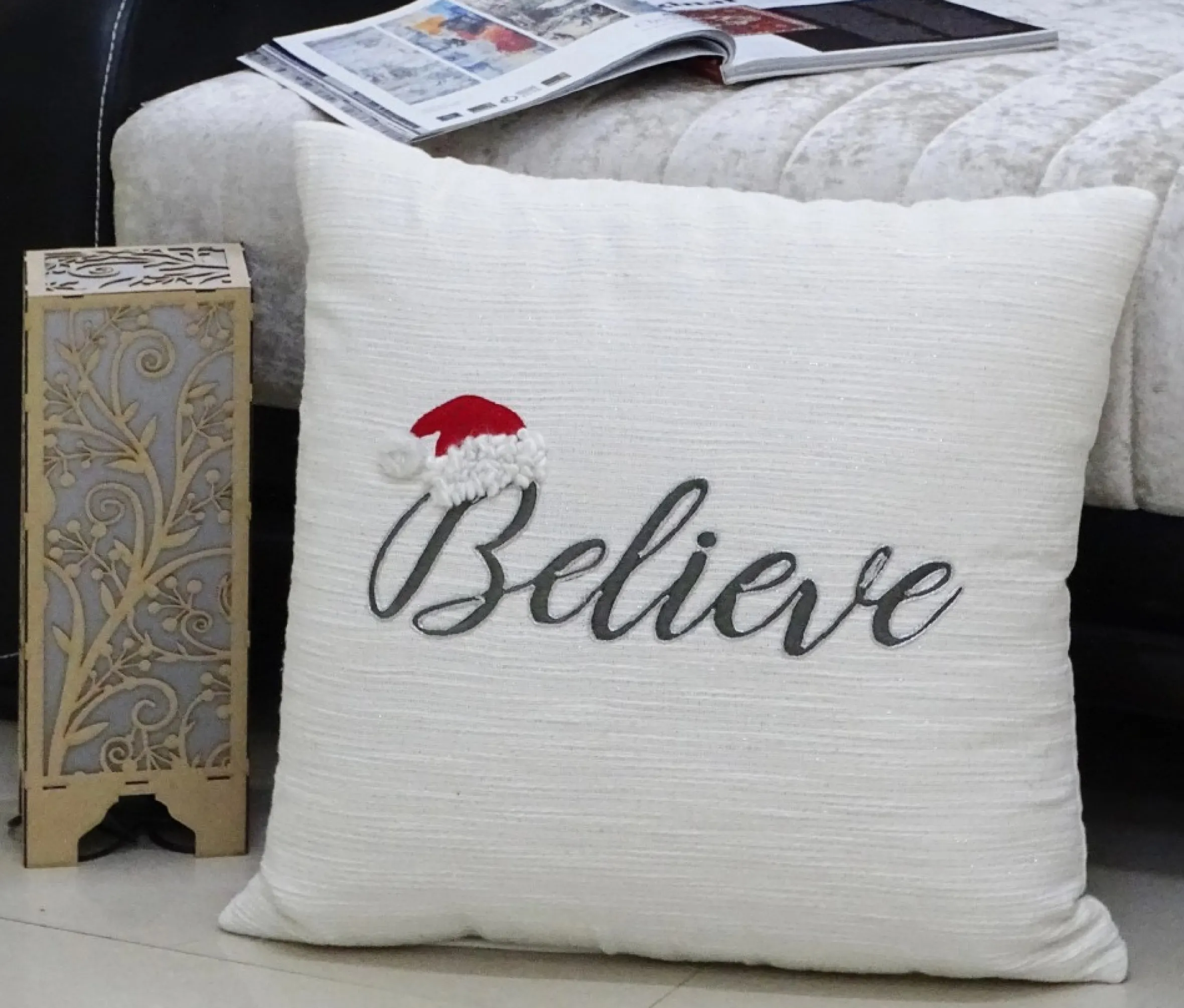 20" White And Gray Christmas "Believe" Throw Pillow With Santa Hat