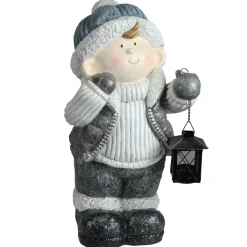 18.5" White And Gray Little Boy Holding Tea Light Lantern Christmas Tabletop Figure