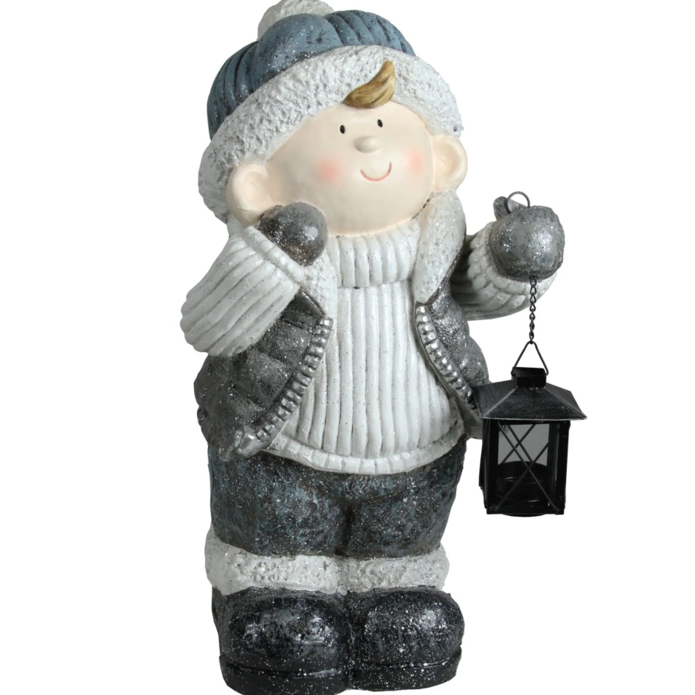 18.5" White And Gray Little Boy Holding Tea Light Lantern Christmas Tabletop Figure
