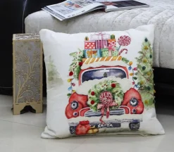 20" White And Green Christmas Car With Gifts Embroidered Throw Pillow