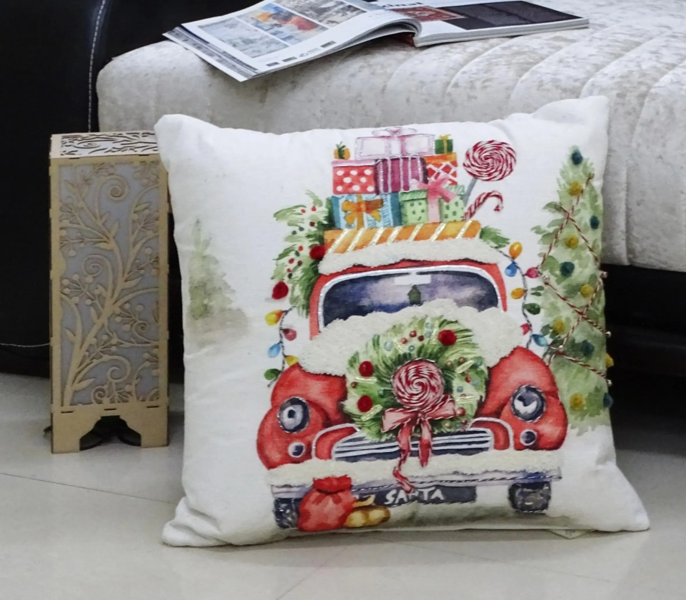 20" White And Green Christmas Car With Gifts Embroidered Throw Pillow