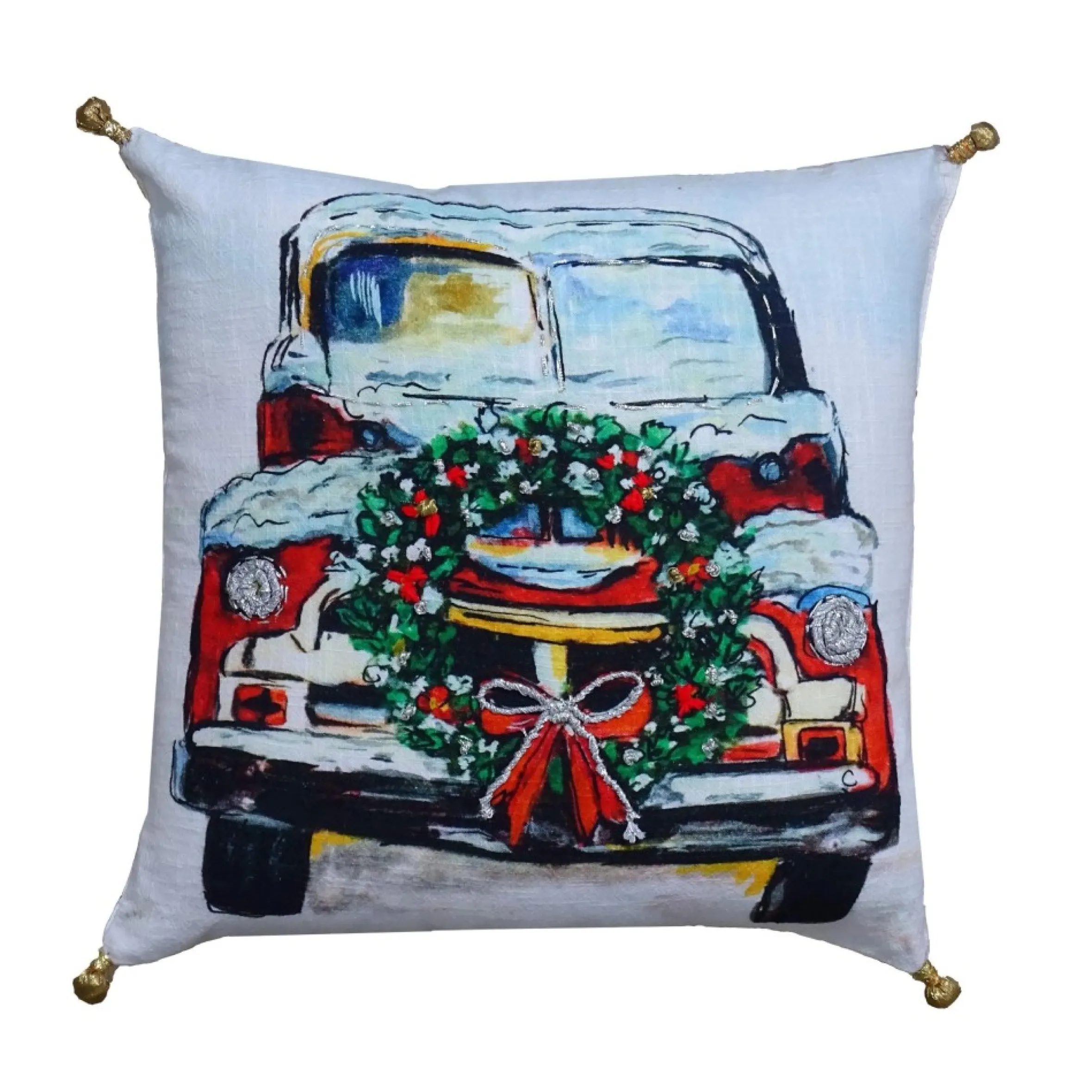18" White And Green Christmas Holiday Car Hand Illustrated Throw Pillow