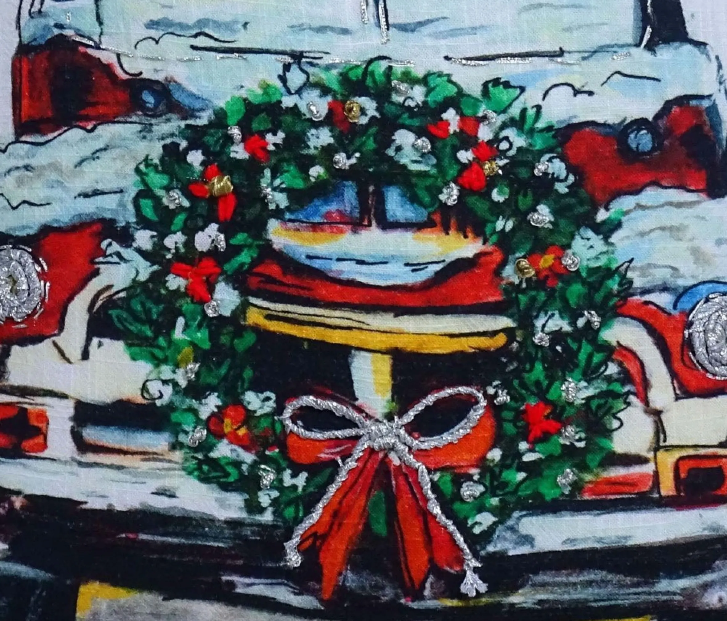 18" White And Green Christmas Holiday Car Hand Illustrated Throw Pillow