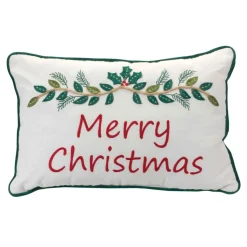 17" White And Green Embroidered "Merry Christmas" Rectangular Throw Pillow